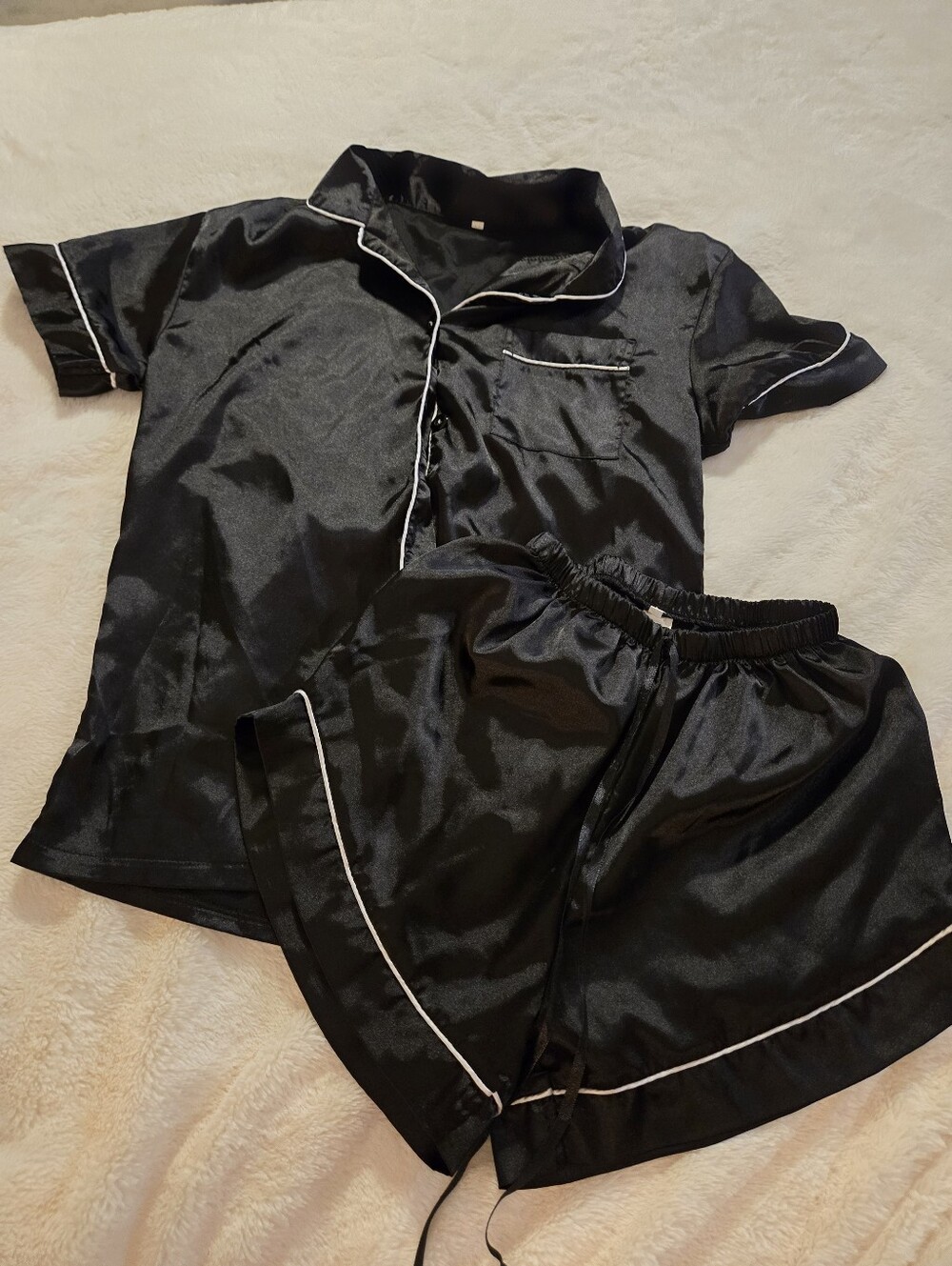SHEIN Black Satin Short Sleeve Pajama Set with White Trim